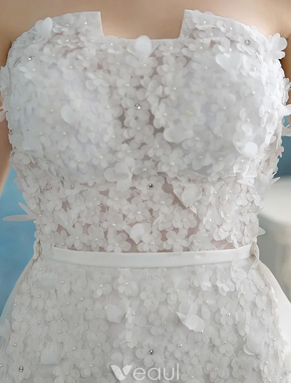 Stunning Beach Wedding Dresses 2016 Mermaid Strapless Applique Lace Flowers Detachable Train Bridal Gown